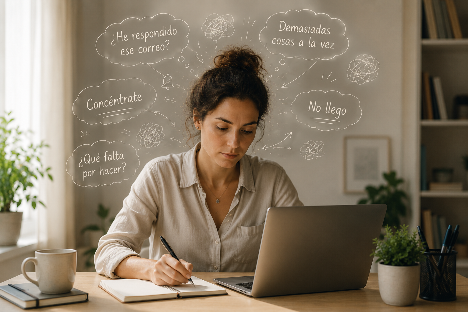 Representación del esfuerzo mental y la sobrecarga cognitiva que muchas mujeres con TDAH experimentan en su vida diaria.